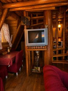 a living room with a tv in a log cabin at Komovi Sky House in Andrijevica