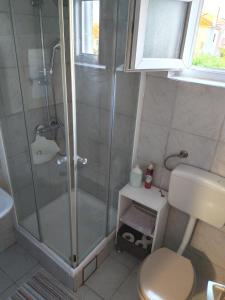 a bathroom with a shower with a toilet and a sink at Apartmani Svitlana in Sukošan