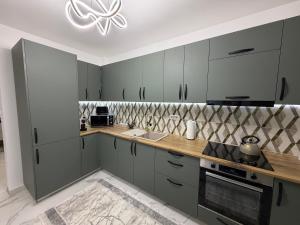 a kitchen with gray cabinets and a sink at Emerald House 5 in Scheia +20 photos