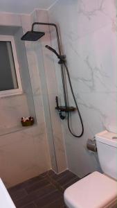 a shower in a bathroom with a toilet at Blue Eye Nature Escape 