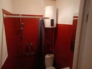 a bathroom with a toilet and a red wall at W Częstochowie in Częstochowa