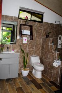 a bathroom with a toilet and a sink and a plant at Pino Lodge, Río Celeste in Bijagua