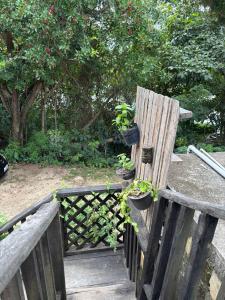 two wooden benches with potted plants on them at Aroeira Suite in Conceição da Barra