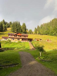 a house on a hill with a dirt road in front at Moșia Sofiei in Moieciu de Sus