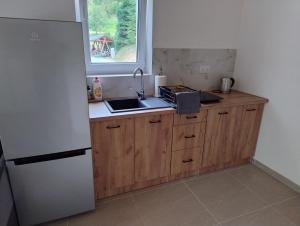 a small kitchen with a sink and a refrigerator at Apartamenty nad potokiem in Krościenko