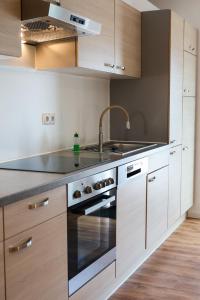 a kitchen with a sink and a stove at Feines Feriendomizil Waldzauber 2 Horhausen Westerwald in Horhausen