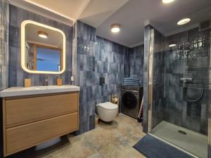 a bathroom with a sink and a toilet and a shower at Apartament "Przez las na plażę" in Świnoujście