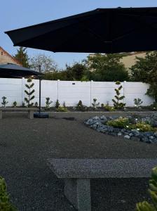 a black umbrella and a bench in a garden at Eclectic 6 in Satu Mare +45 photos