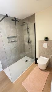 a bathroom with a shower and a toilet at Kerbault Suites - Martelange in Martelange
