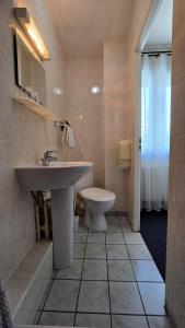 a bathroom with a sink and a toilet at Hôtel Le Pommeil in Guéret +108 photos