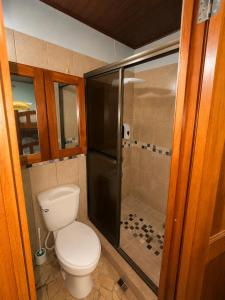 a bathroom with a toilet and a shower at Villa Edallys in Capira +5 photos