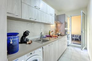 a kitchen with a sink and a washing machine at Victoria Palace Elegant Apt with Terrace in Menton