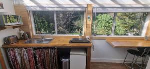 a kitchen with a counter with a sink and two windows at Rameka Chalet in Takaka +9 photos