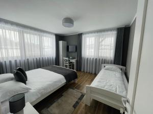 a bedroom with two beds and a desk and windows at Panorama Lake Resort in Bezidu Nou +25 photos