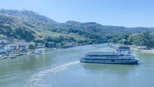two boats on a river with mountains in the background at Hotel Mosel Star in Bernkastel-Kues