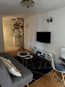 a living room with a couch and a flat screen tv at Capital apartman in Visoko