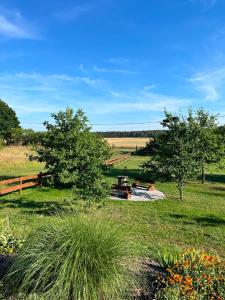 a boat in a field with trees and a fence at POLANKA - Krzynki 16A in Krzynki