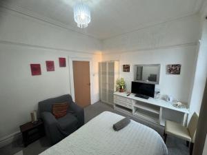 a bedroom with a bed and a tv and a chair at Singleton Double Studio Room with Private En-Suite in Sketty