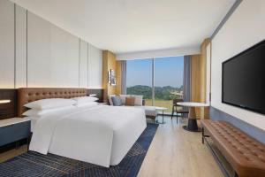 a hotel room with a bed and a flat screen tv at Four Points by Sheraton Leshan in Leshan