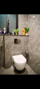 a bathroom with a white toilet and a mirror at White420 apartment in Rawalpindi +24 photos