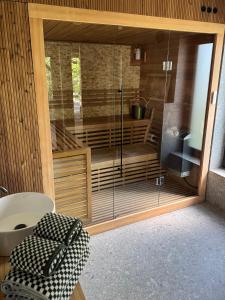 a bathroom with a shower with a chair and a toilet at Garden 52 in Šutovce