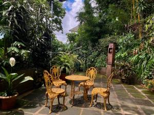 a patio with a table and chairs and trees at cabañas de Apaneca in Apaneca +9 photos