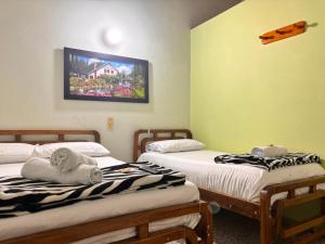 a room with two beds and a picture on the wall at Hotel Casa Verde Guatapé in Guatapé