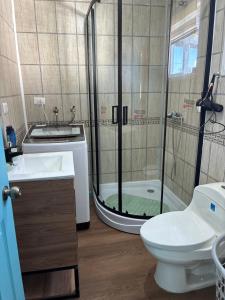 a bathroom with a shower and a toilet and a sink at cabañas notuco in Natuco