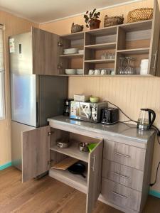 a kitchen with a counter and a refrigerator at cabañas notuco in Natuco