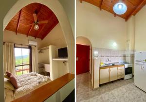 two pictures of a kitchen and a living room at Agua Dorada Apart in Cavalango
