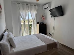 a bedroom with a bed and a tv and a window at Acogedor Apartamento in Almerimar +30 photos