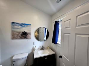a bathroom with a sink and a mirror and a toilet at Bluff Hideaway - Guest House in Homer +7 photos