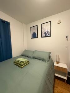 a bedroom with a bed with a green blanket on it at The atlas - Shared apartment in New York +4 photos
