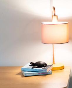 a table with a lamp and a stack of books with a mouse on top at Riverside Boulevard 13-151 close to HOSPITAL in Ross River
