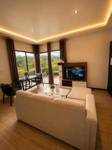 a living room with a couch and a television at Villas Na-tiva Guanacaste in Plazuela