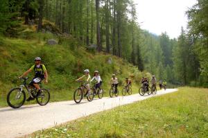 un grupo de personas montando bicicletas por un camino de tierra en B&B MiraValle, en Scanzorosciate