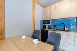 a kitchen with a wooden table and two chairs at Willa Folc in Kościelisko +15 photos