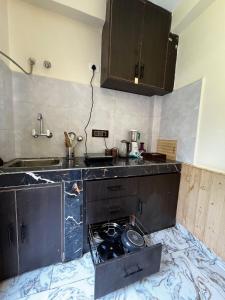a kitchen with a sink and a stove in it at Man Mauji Villa in Kasol