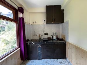 a kitchen with a counter and a sink and a window at Man Mauji Villa in Kasol