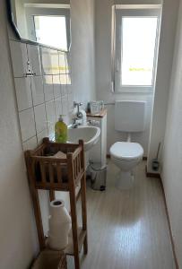 a bathroom with a sink and a toilet and a window at Ferienwohnung Anke Kaufmann in Miltenberg