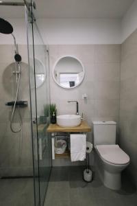 a bathroom with a toilet and a sink and a shower at RR House Apartments in Râşnov
