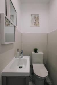 a bathroom with a white toilet and a sink at RR House Apartments in Râşnov +27 photos