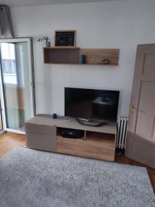 a living room with a flat screen tv on a stand at Apartment Salve & Sonne in Hopfgarten im Brixental