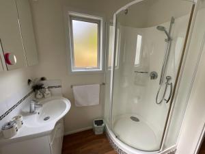 a bathroom with a shower and a sink at Bellbird Guest Accommodation in Akaroa +25 photos