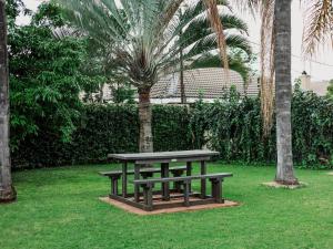 a picnic table in a park with a palm tree at El Palmar Guesthouse in Groblersdal