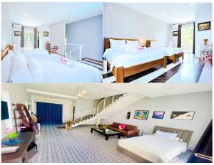 two pictures of a hotel room with two beds at CALAO Kep Residence Hotel in Kep +49 photos