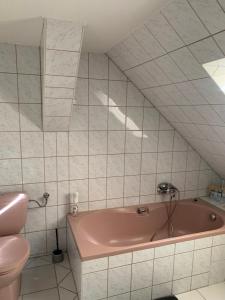 a bathroom with a pink tub and a toilet at Ferienwohnung Geiseltalsee Frankleben in Frankleben