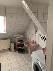 a bathroom with a sink and a washing machine at Ferienwohnung Geiseltalsee Frankleben in Frankleben +1 photo