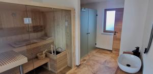 a bathroom with a glass shower with a sink at Ferienwohnung am Lindenweg in Brixen im Thale +9 photos