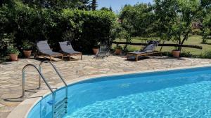 a swimming pool with two lounge chairs next to at Sonnenhof Uckermark in Lübbenow